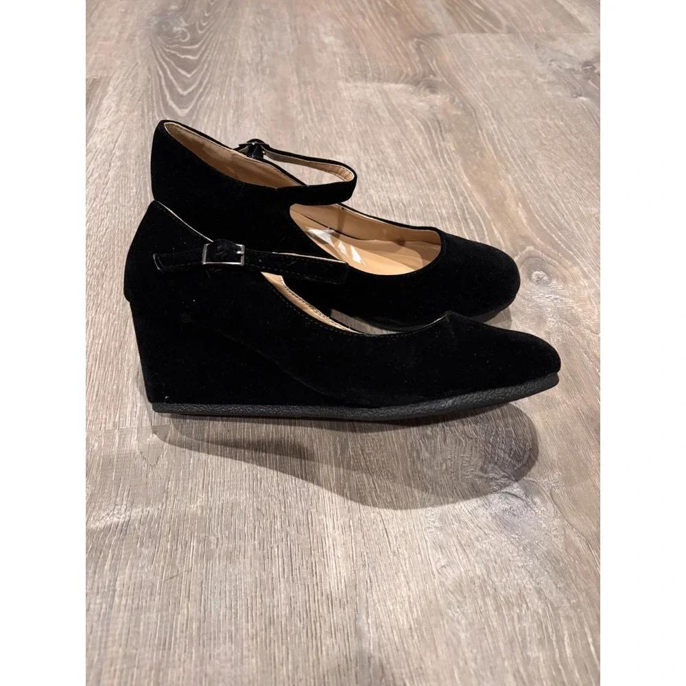 Forever Mary Jane‎ Wedge Heels Black Suede Ankle Strap Platform Pumps Shoes